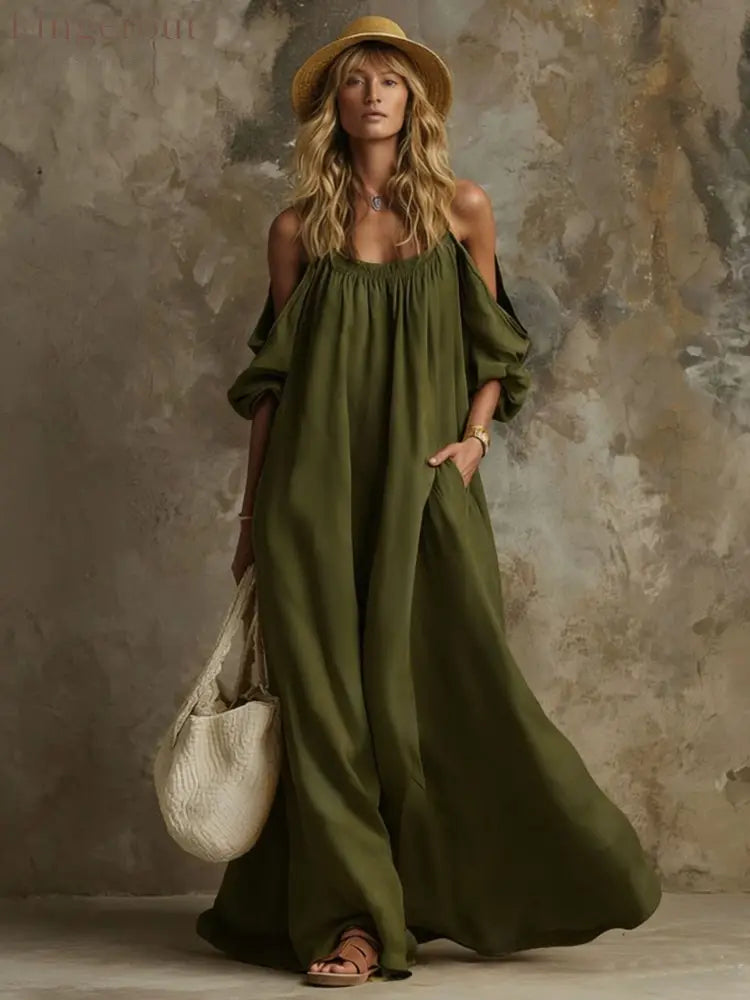 Cold Shoulder Puff Sleeve Pocketed Flowy White Maxi Caftan Dress - Army green / S