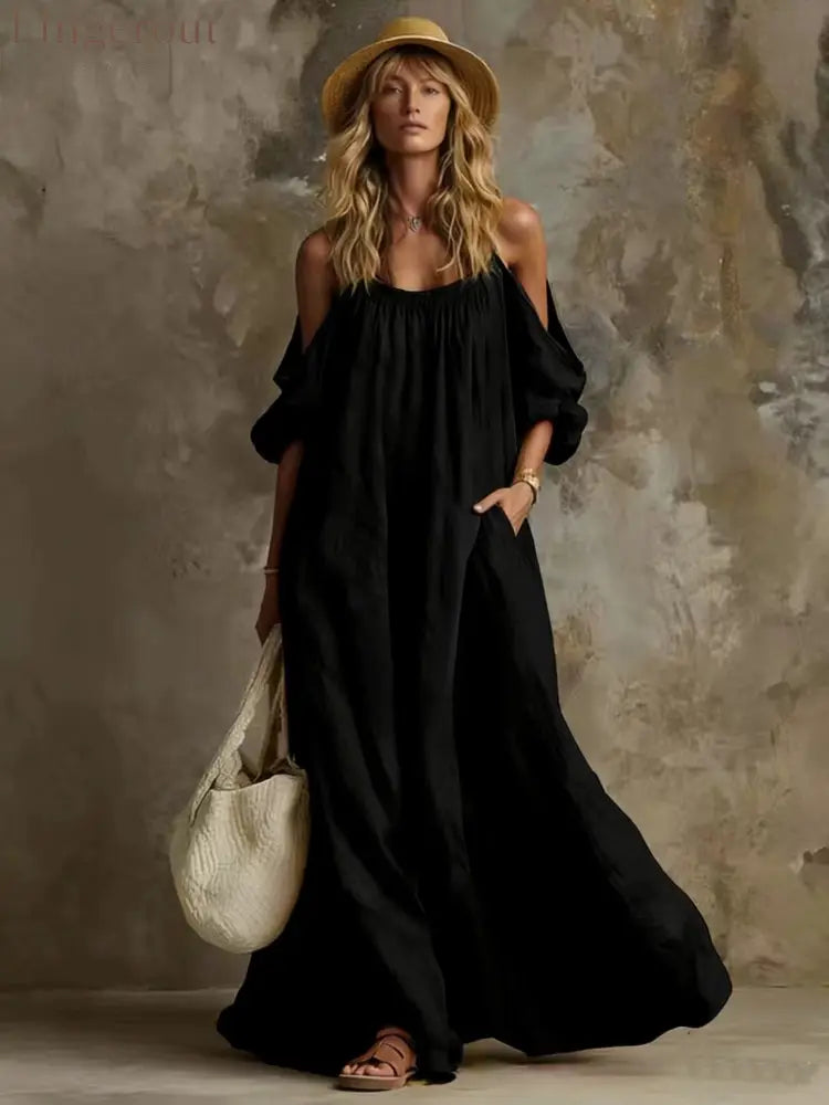 Cold Shoulder Puff Sleeve Pocketed Flowy White Maxi Caftan Dress - Black / S
