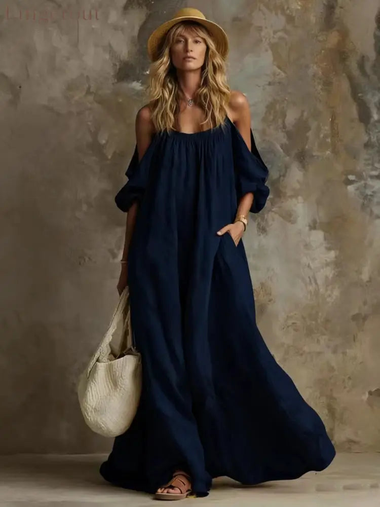 Cold Shoulder Puff Sleeve Pocketed Flowy White Maxi Caftan Dress - Navy blue / S