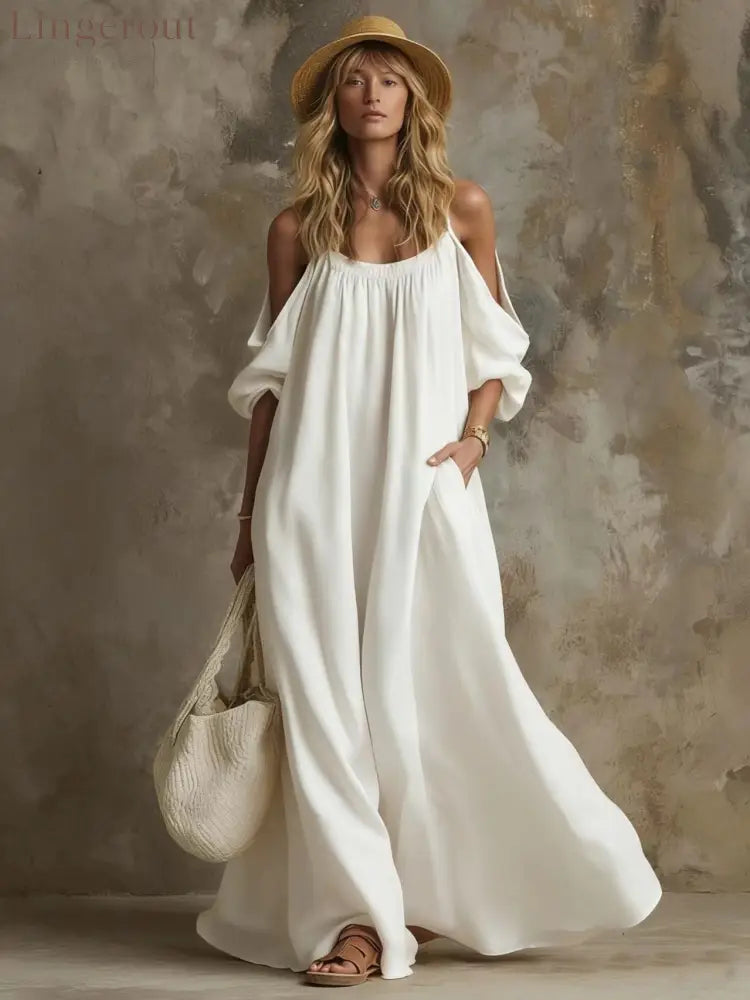 Cold Shoulder Puff Sleeve Pocketed Flowy White Maxi Caftan Dress - White / S