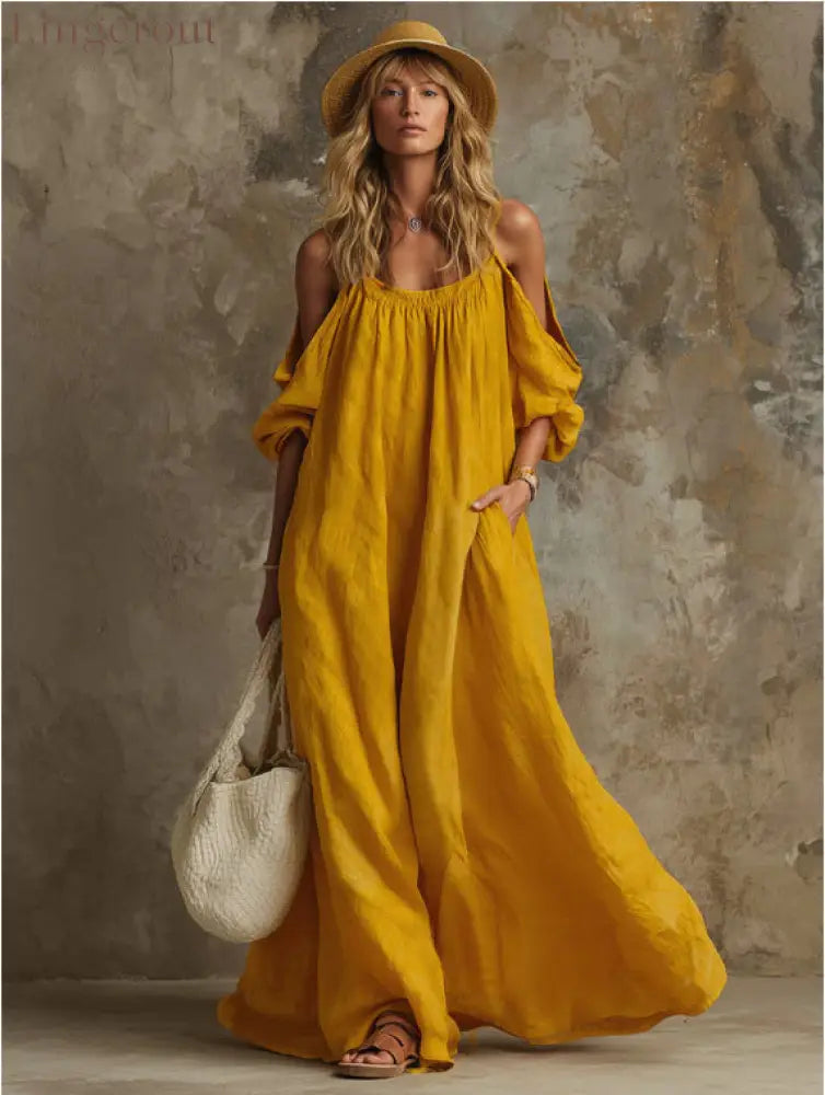 Cold Shoulder Puff Sleeve Pocketed Flowy White Maxi Caftan Dress - Yellow / S