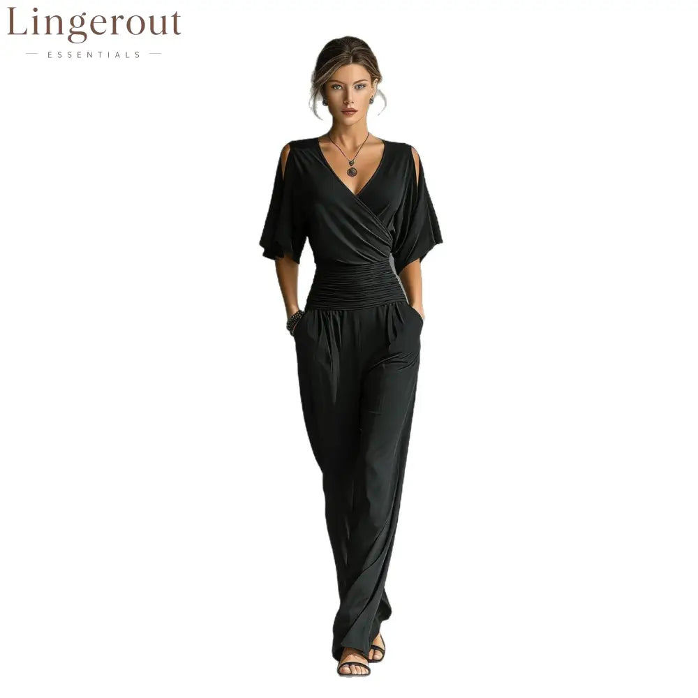 Cold Shoulder Wrap V Ruched Waist Wide Leg Jumpsuit