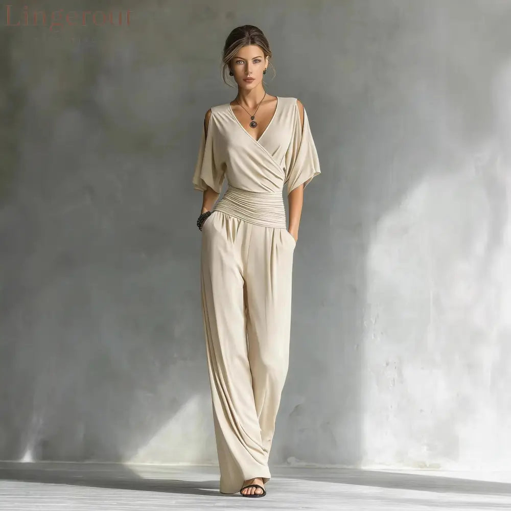 Cold Shoulder Wrap V Ruched Waist Wide Leg Jumpsuit - Apricot / S