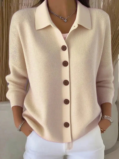 Collar Wooden Button Knit Cardigan - Apricot / S