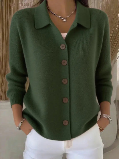 Collar Wooden Button Knit Cardigan - Army green / S