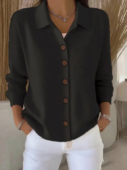 Collar Wooden Button Knit Cardigan - Black / S