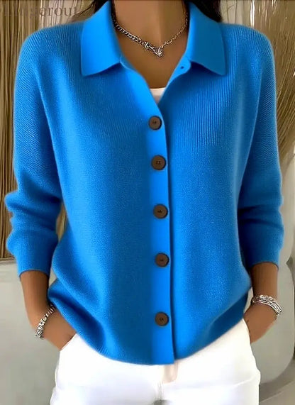 Collar Wooden Button Knit Cardigan - Blue / S
