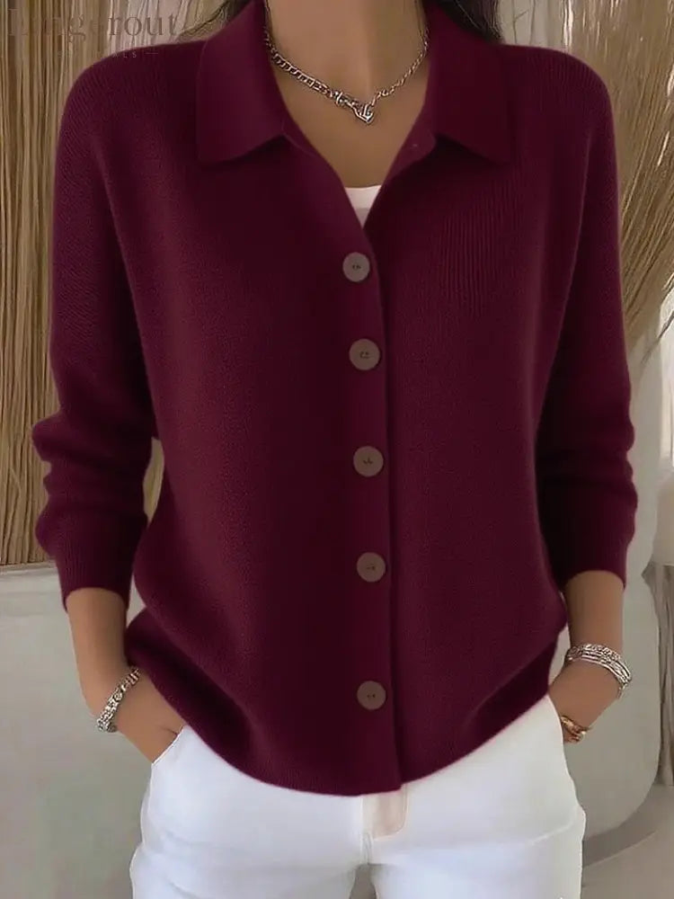 Collar Wooden Button Knit Cardigan - Claret / S