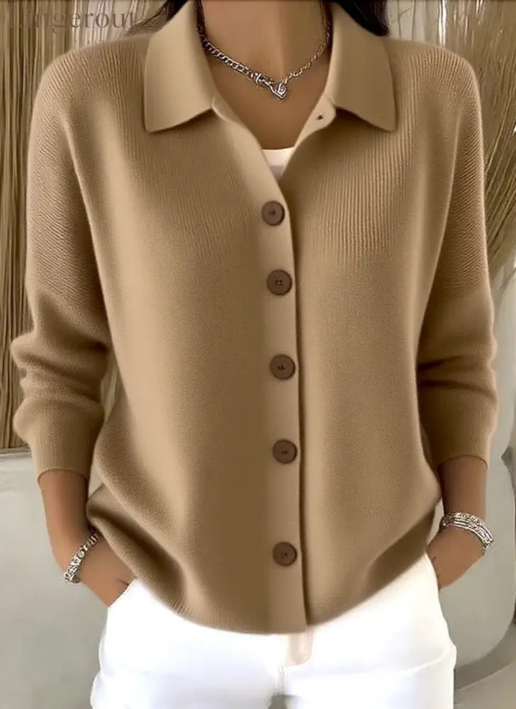 Collar Wooden Button Knit Cardigan - Khaki / S