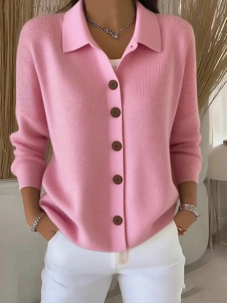 Collar Wooden Button Knit Cardigan - Pink / S