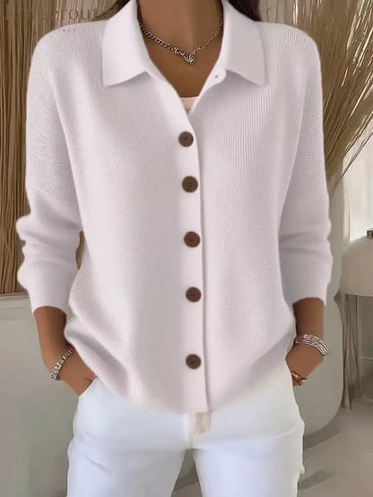 Collar Wooden Button Knit Cardigan - White / S
