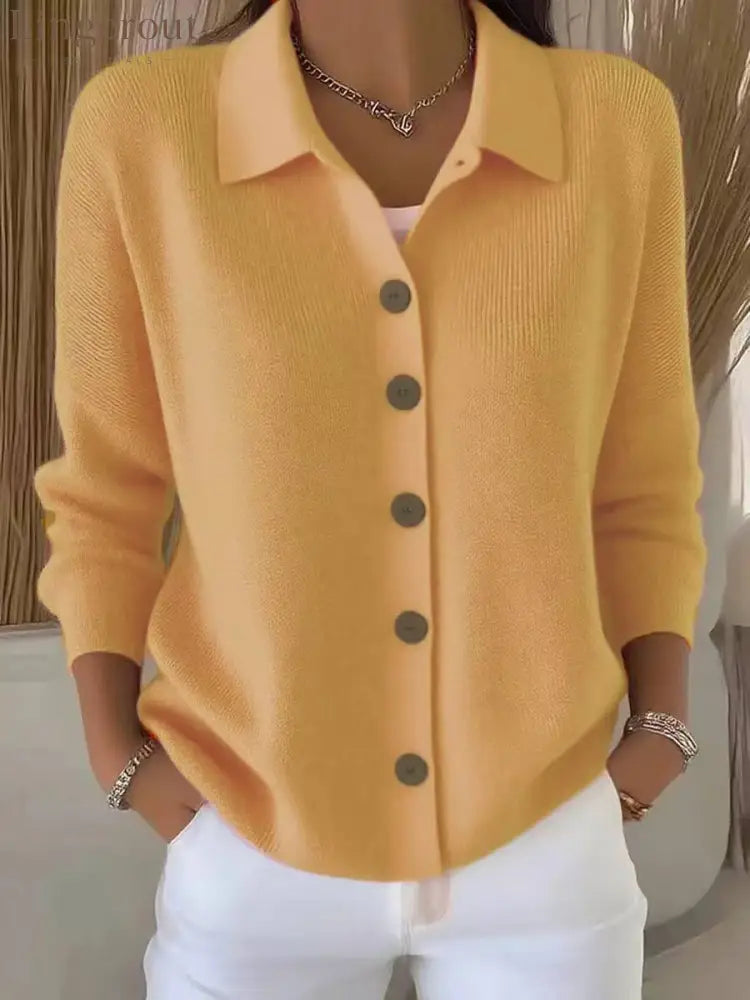 Collar Wooden Button Knit Cardigan - Yellow / S