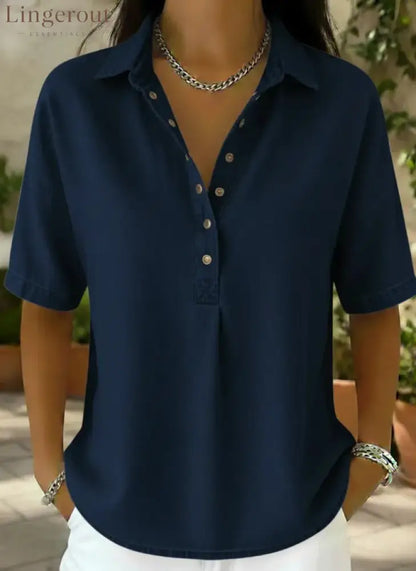 Collared Half‑Button Short‑Sleeve Denim Blouse - Dark blue / S