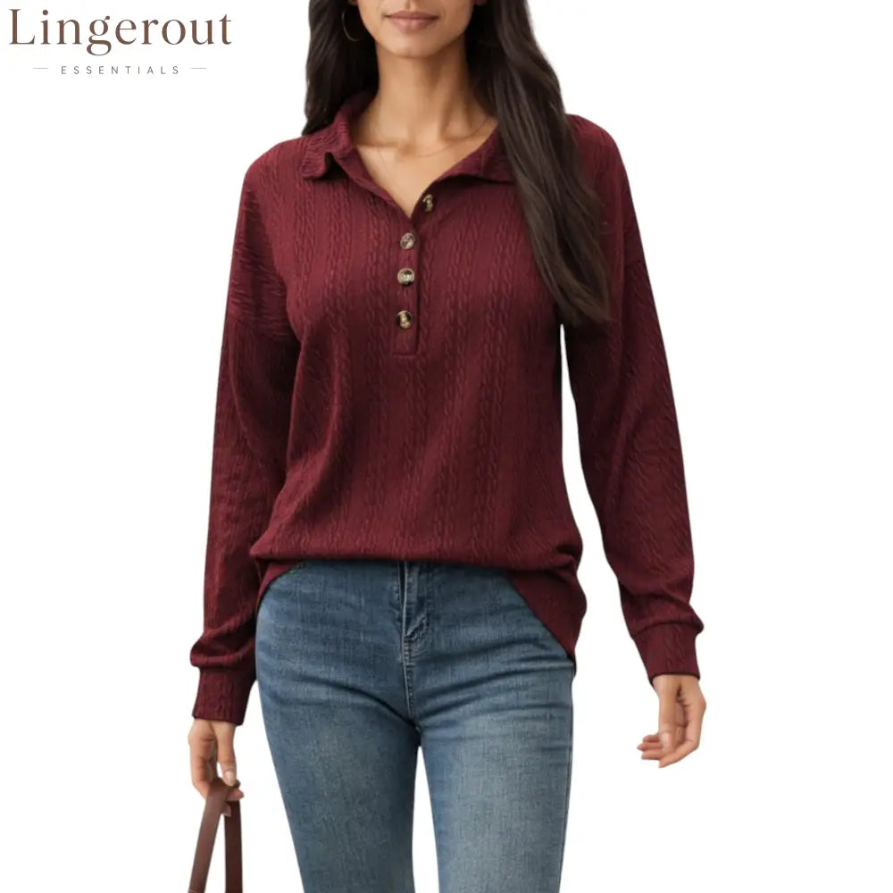 Collared Long Sleeve Button-Up Top with Textured Knit Design