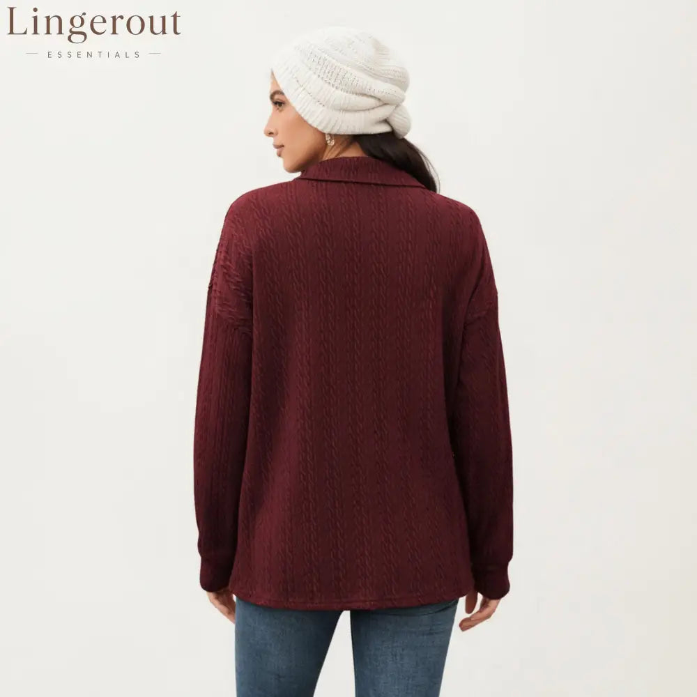 Collared Long Sleeve Button-Up Top with Textured Knit Design