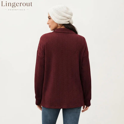 Collared Long Sleeve Button-Up Top with Textured Knit Design