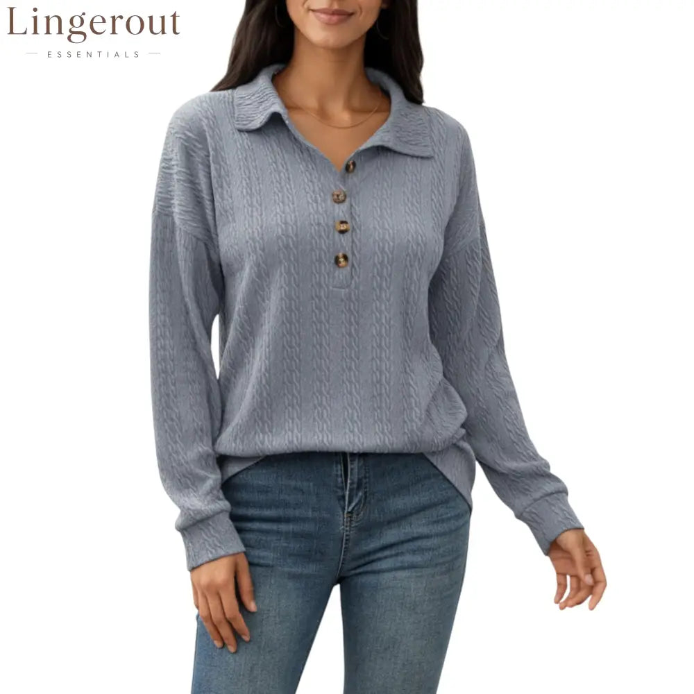 Collared Long Sleeve Button-Up Top with Textured Knit Design