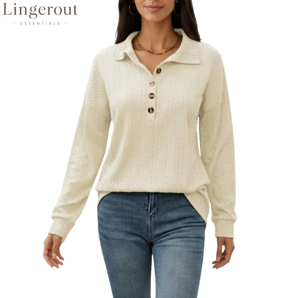 Collared Long Sleeve Button-Up Top with Textured Knit Design
