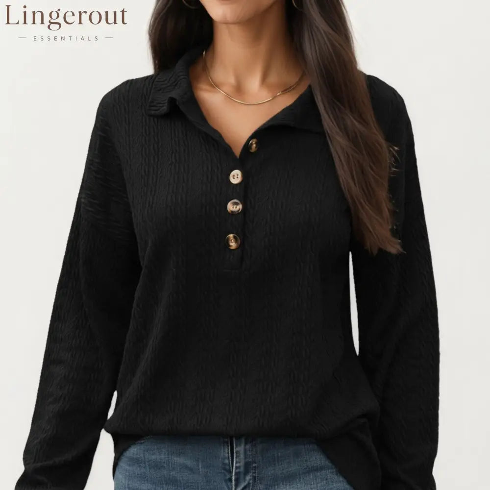 Collared Long Sleeve Button-Up Top with Textured Knit Design
