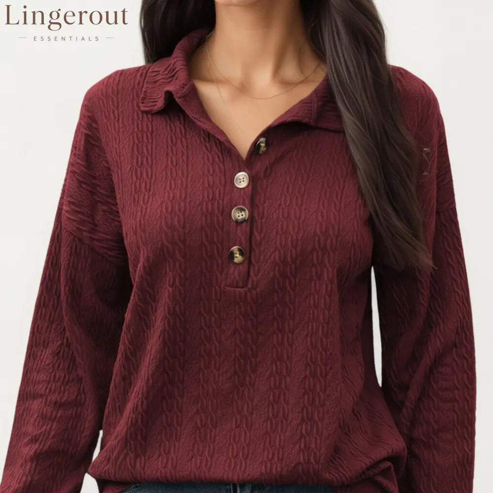 Collared Long Sleeve Button-Up Top with Textured Knit Design