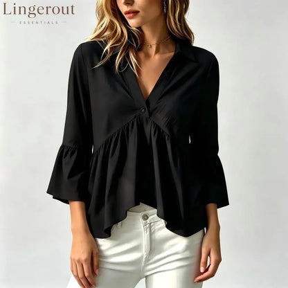 Collared V-Neck Peplum Blouse Top - Black / S