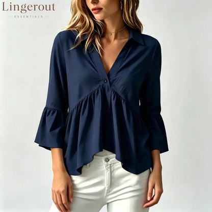 Collared V-Neck Peplum Blouse Top - Navy blue / S