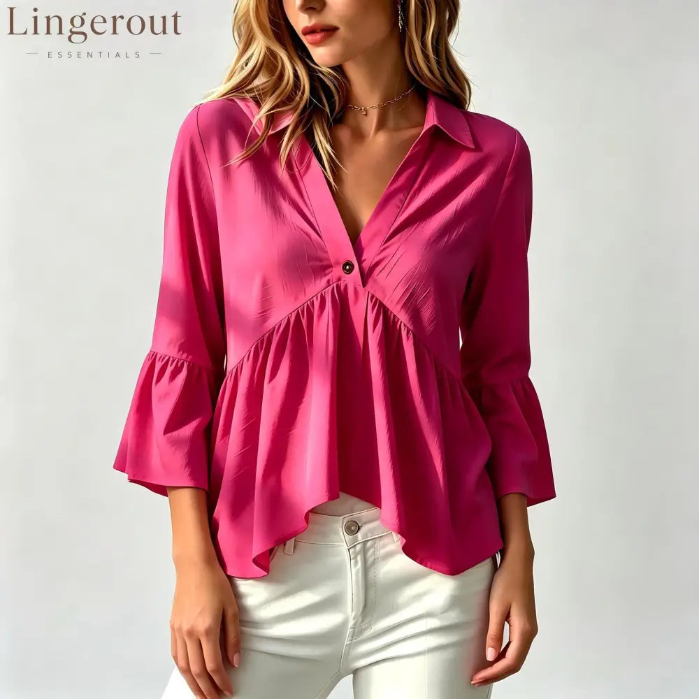 Collared V-Neck Peplum Blouse Top - Rose red / S