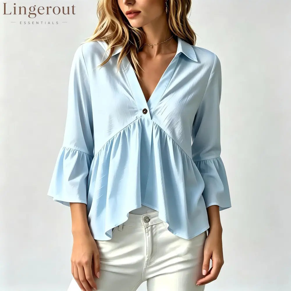 Collared V-Neck Peplum Blouse Top - Sky blue / S