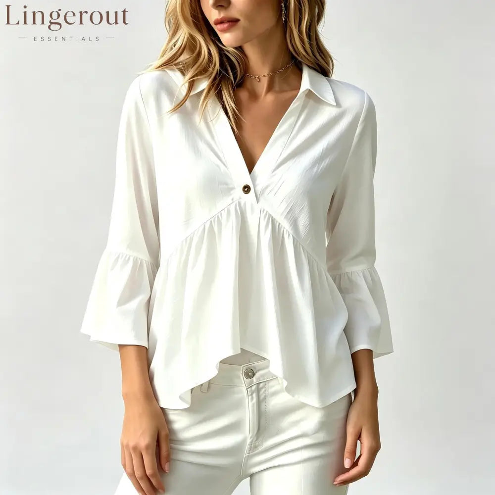 Collared V-Neck Peplum Blouse Top - White / S