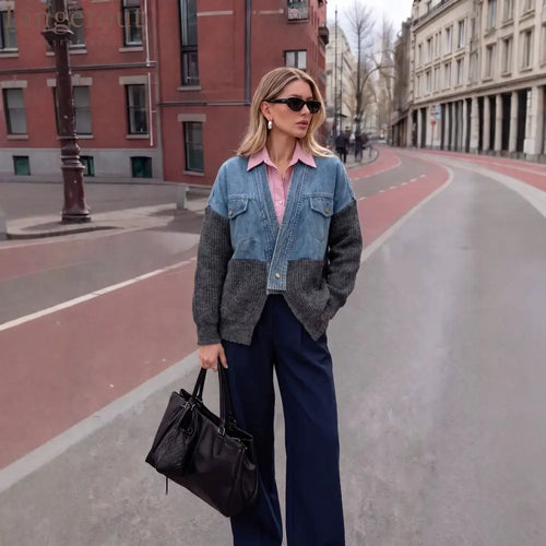 Color-Block Denim & Knit Hybrid Jacket | Button-Front Layering Piece