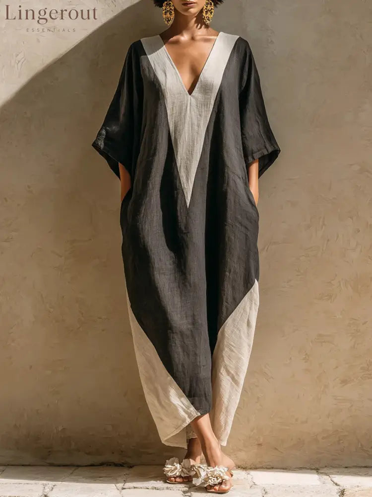 Color-Block Geometric Kaftan Maxi Dress - Black / S