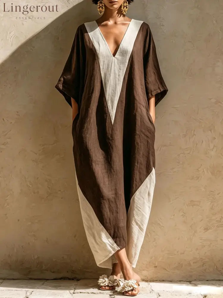 Color-Block Geometric Kaftan Maxi Dress - Brown / S