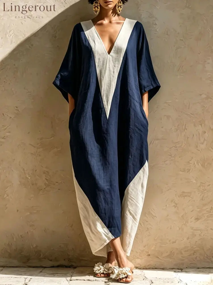 Color-Block Geometric Kaftan Maxi Dress - Navy blue / S