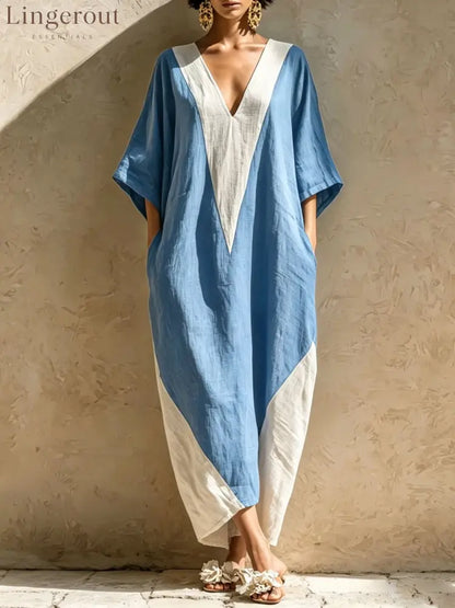 Color-Block Geometric Kaftan Maxi Dress - Sky blue / S