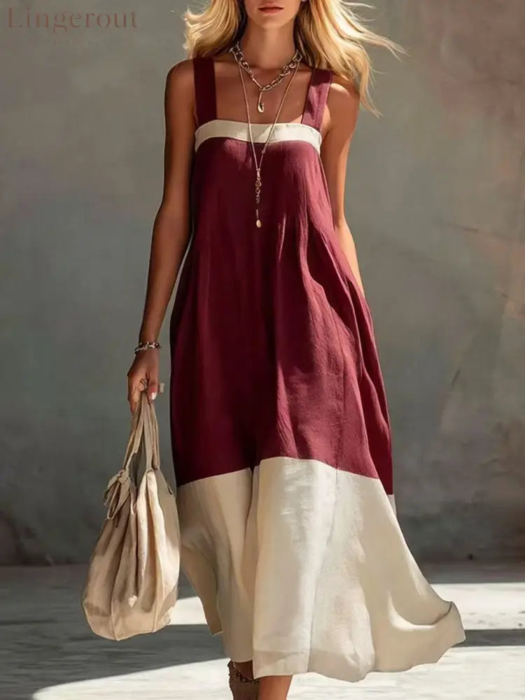 Color Block Hem Spaghetti Strap Maxi Dress - Claret / S