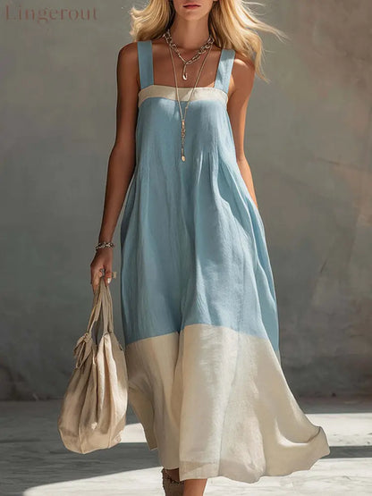 Color Block Hem Spaghetti Strap Maxi Dress - Light blue / S
