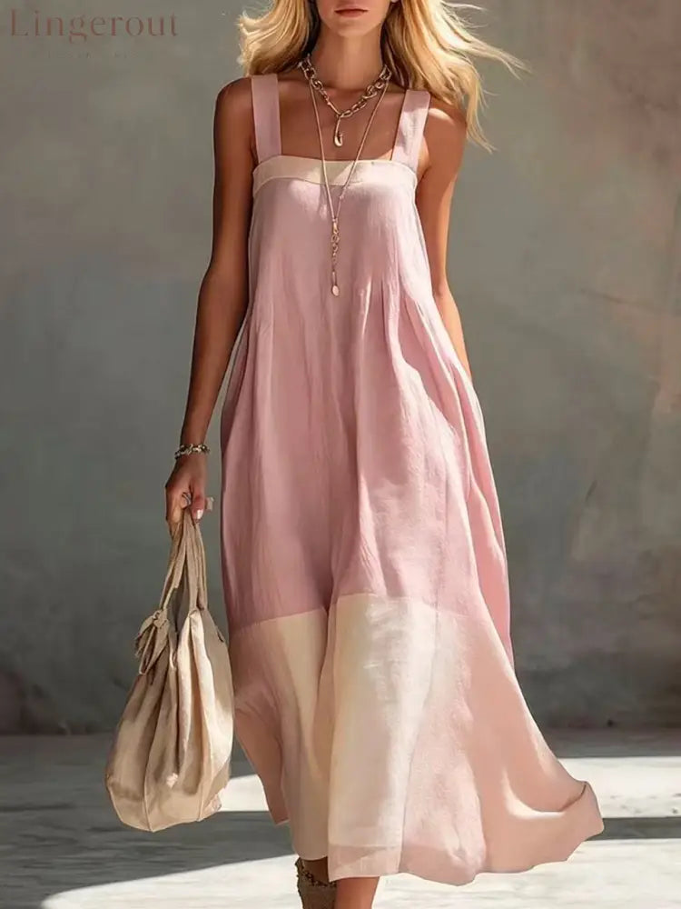 Color Block Hem Spaghetti Strap Maxi Dress - Light pink / S