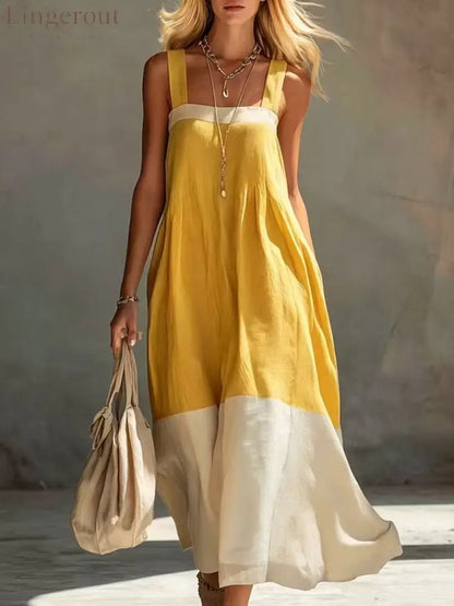 Color Block Hem Spaghetti Strap Maxi Dress - Yellow / S