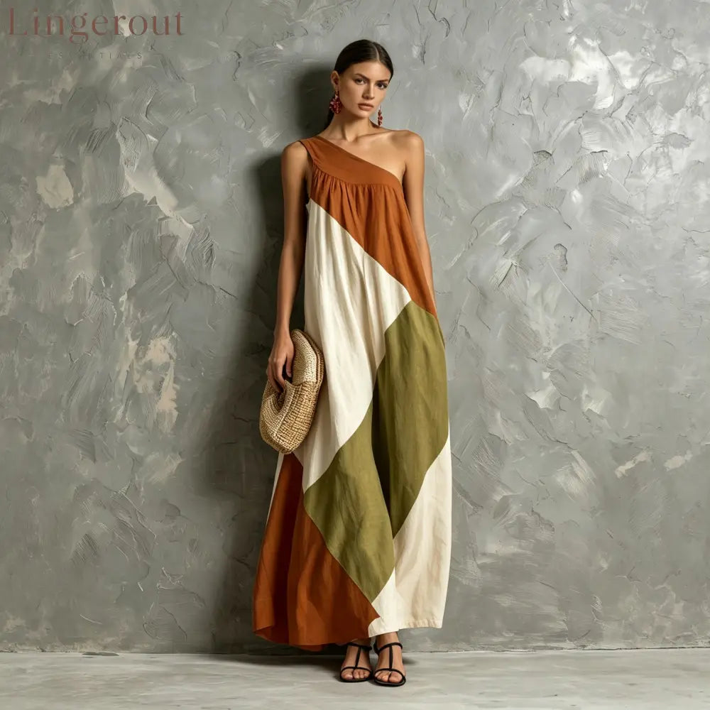 Color Block One Shoulder Vacation Maxi Dress