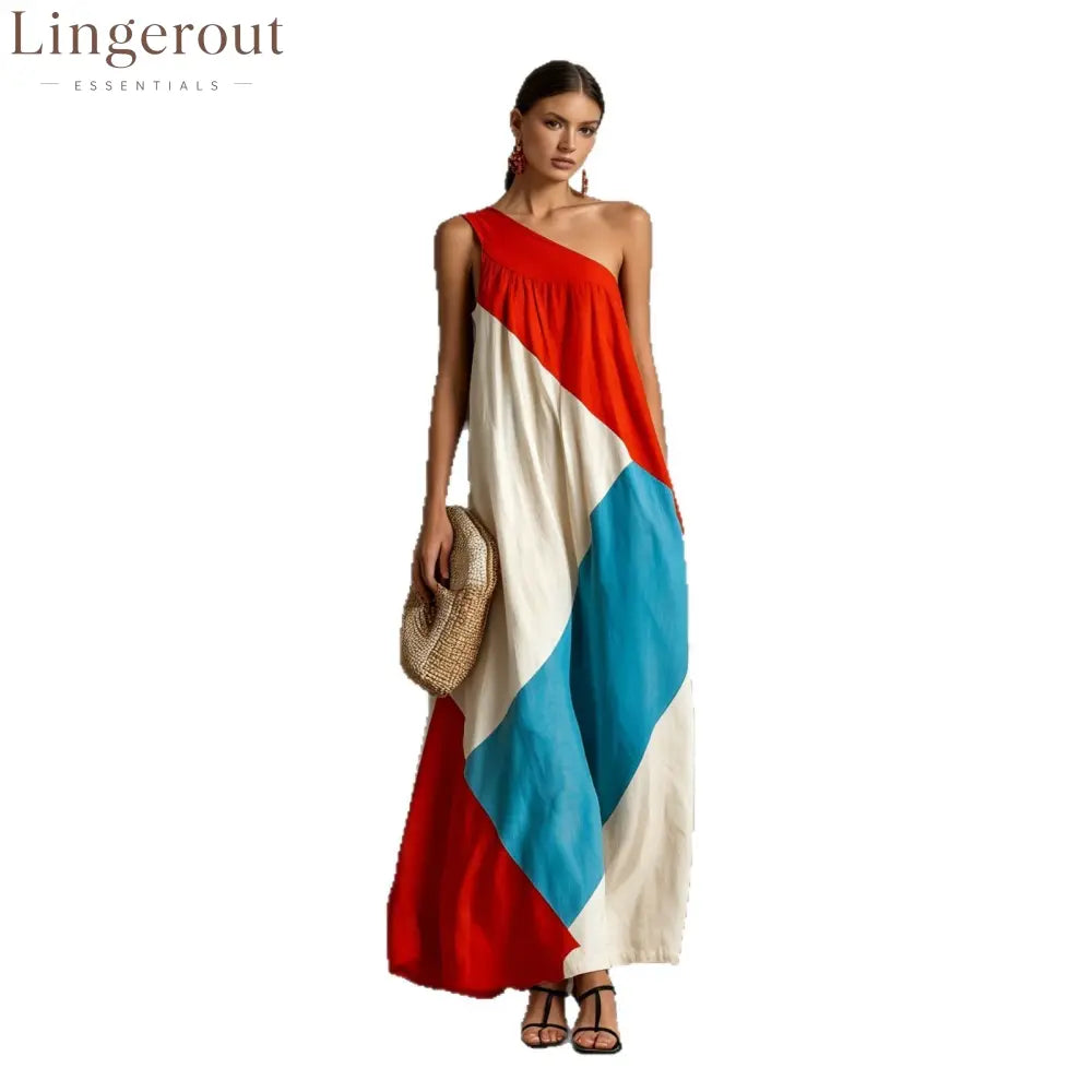 Color Block One Shoulder Vacation Maxi Dress