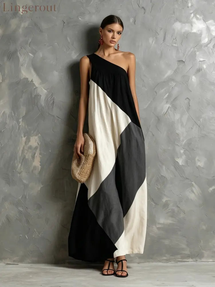 Color Block One Shoulder Vacation Maxi Dress - Black and white / S