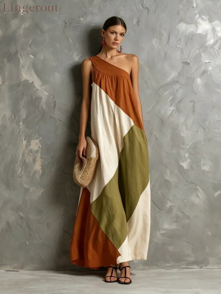 Color Block One Shoulder Vacation Maxi Dress - Earth tones / S