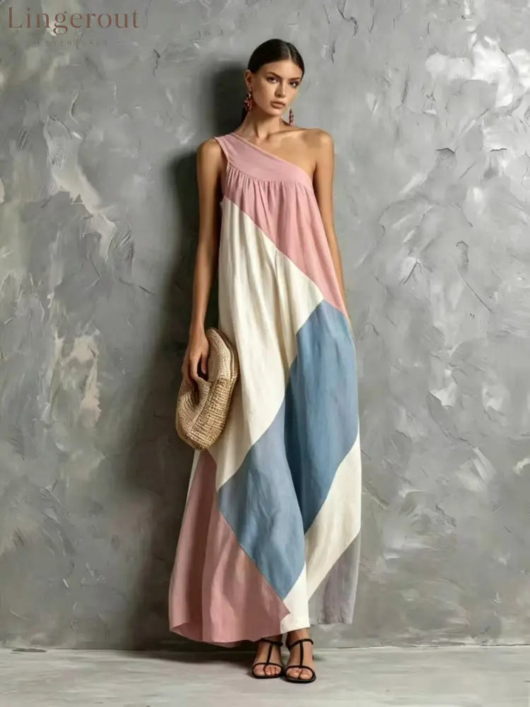 Color Block One Shoulder Vacation Maxi Dress - Morandi / S