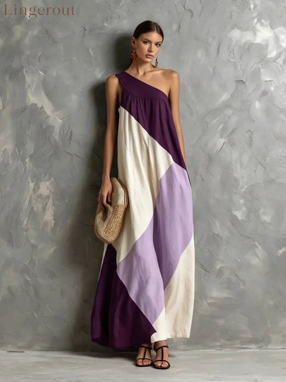 Color Block One Shoulder Vacation Maxi Dress - Purple / S