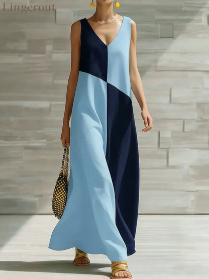 Color Block Sleeveless Maxi Dress - Light Blue / S