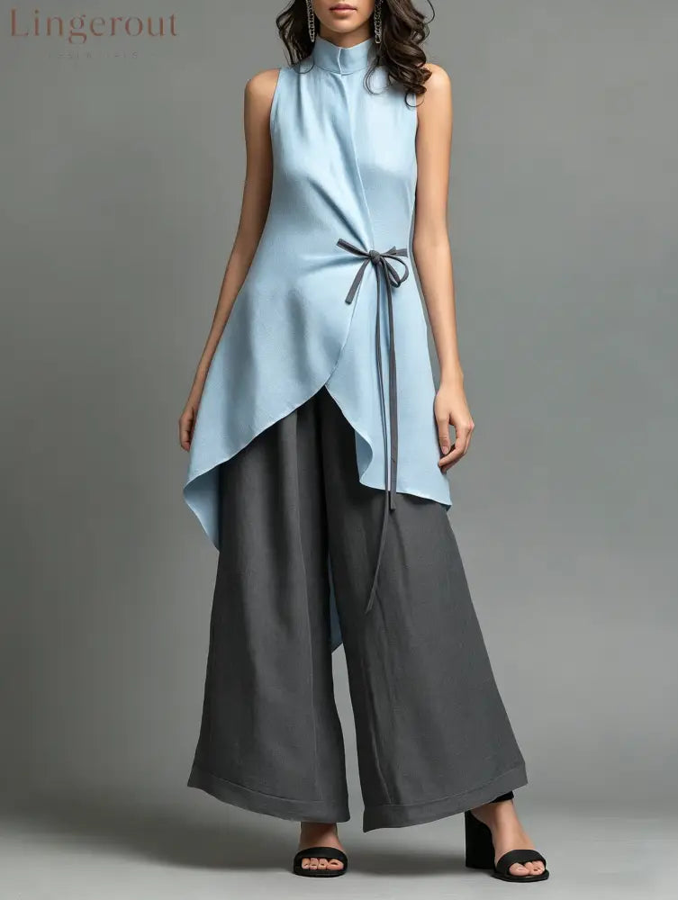 Color-block Stand-collar Lace-up Sleeveless Top + High-waisted Wide-leg Pants Cotton-linen Set - Blue-gray / S