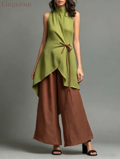 Color-block Stand-collar Lace-up Sleeveless Top + High-waisted Wide-leg Pants Cotton-linen Set - Green-Brown / S