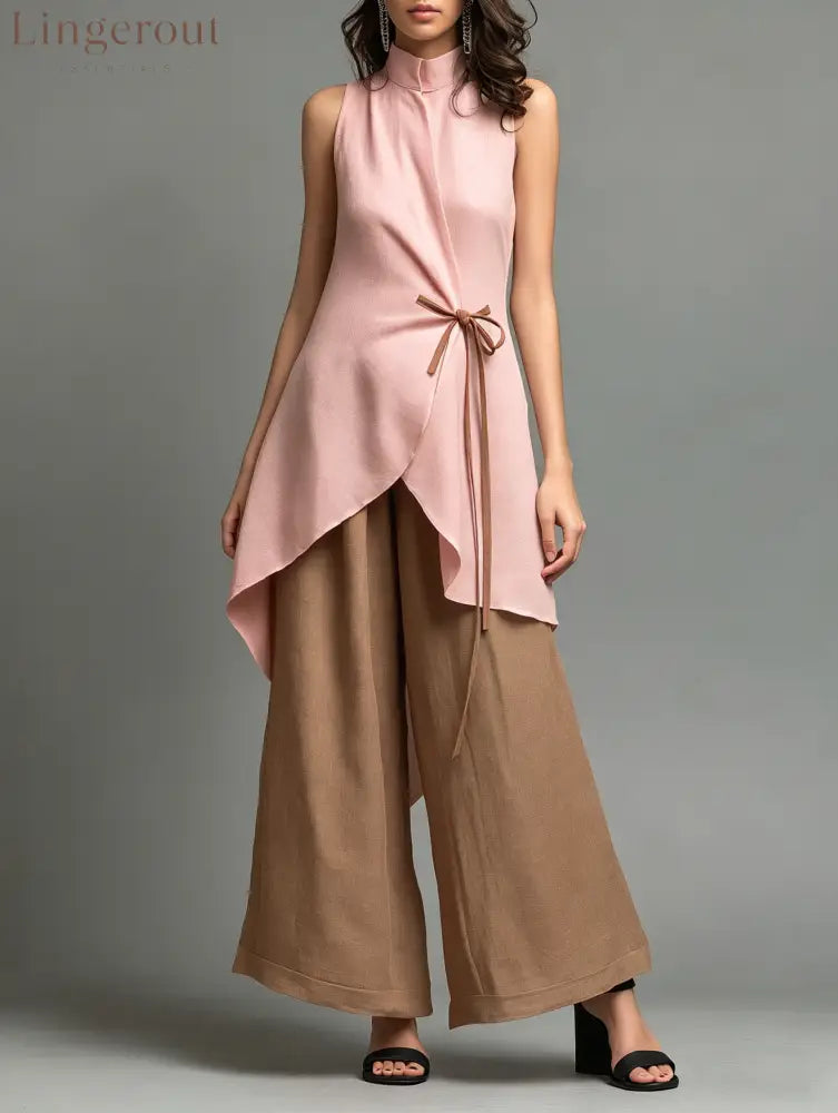 Color-block Stand-collar Lace-up Sleeveless Top + High-waisted Wide-leg Pants Cotton-linen Set - Pink Coffee / S