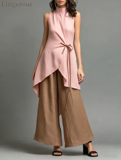 Color-block Stand-collar Lace-up Sleeveless Top + High-waisted Wide-leg Pants Cotton-linen Set - Pink Coffee / S