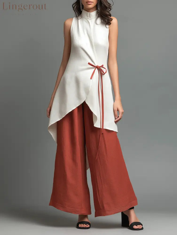 Color-block Stand-collar Lace-up Sleeveless Top + High-waisted Wide-leg Pants Cotton-linen Set - Red and White / S